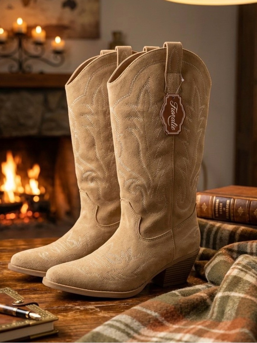 Fioralie Tan Suede Embroidered Western Heeled Fioralie Boots